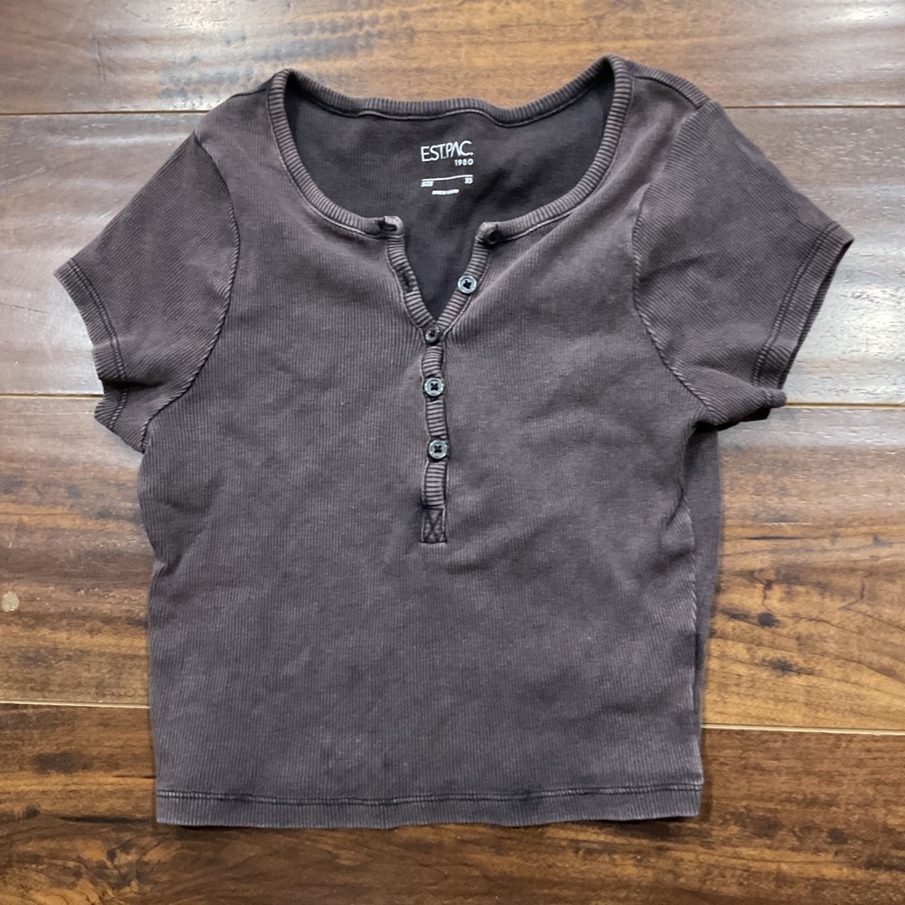 EST PAC 1980 Womens Ribbed Henley Crop Top Gray Short Sleeve XS